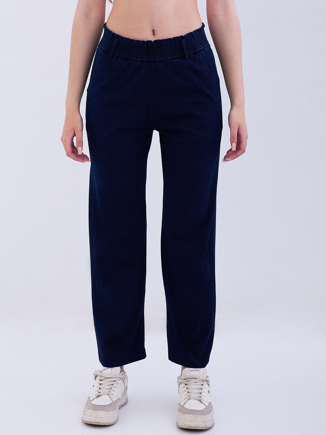 Spykar Dark Blue High Rise Straight Fit Casual Knit Track Pants For Women