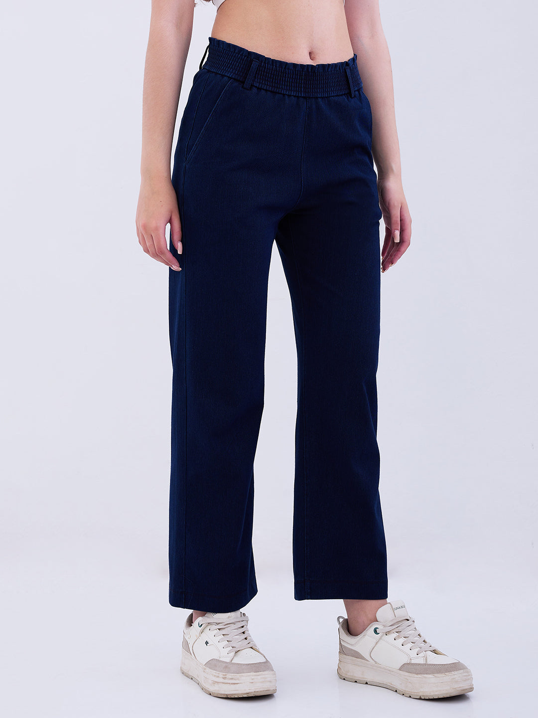 Spykar Dark Blue High Rise Straight Fit Casual Knit Track Pants For Women