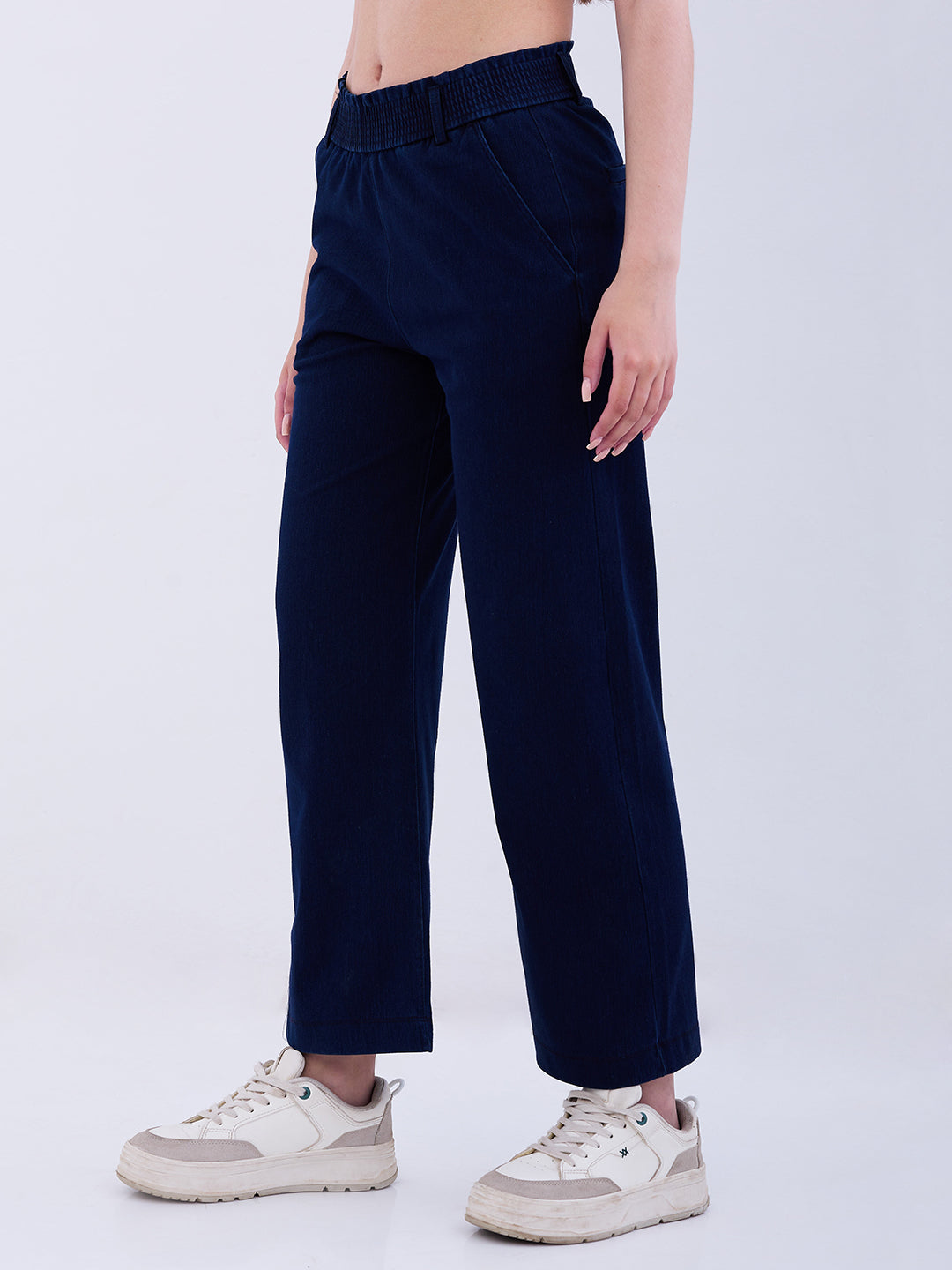 Spykar Dark Blue High Rise Straight Fit Casual Knit Track Pants For Women