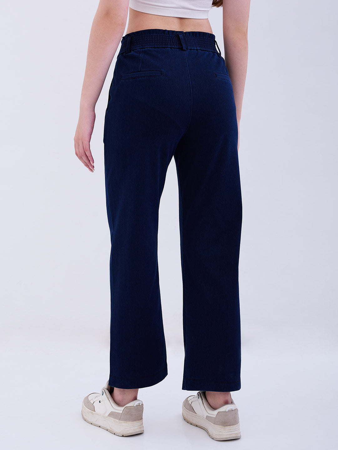 Spykar Dark Blue High Rise Straight Fit Casual Knit Track Pants For Women