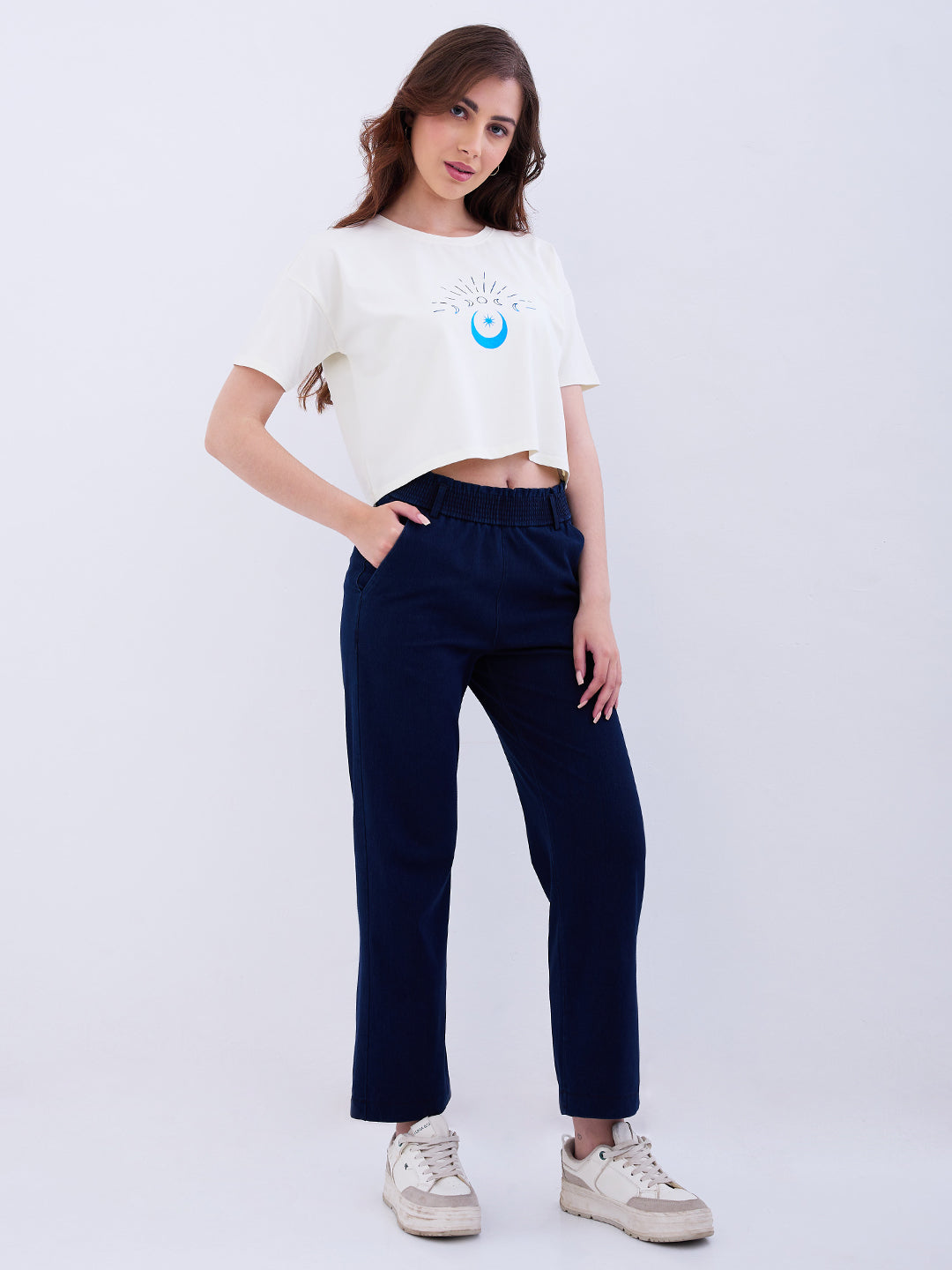 Spykar Dark Blue High Rise Straight Fit Casual Knit Track Pants For Women