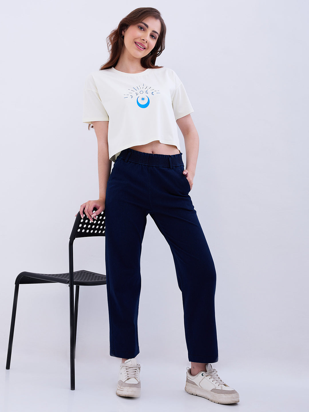 Spykar Dark Blue High Rise Straight Fit Casual Knit Track Pants For Women