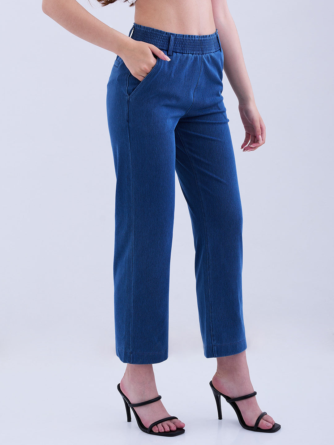 Spykar Mid Blue High Rise Straight Fit Casual Knit Track Pants For Women