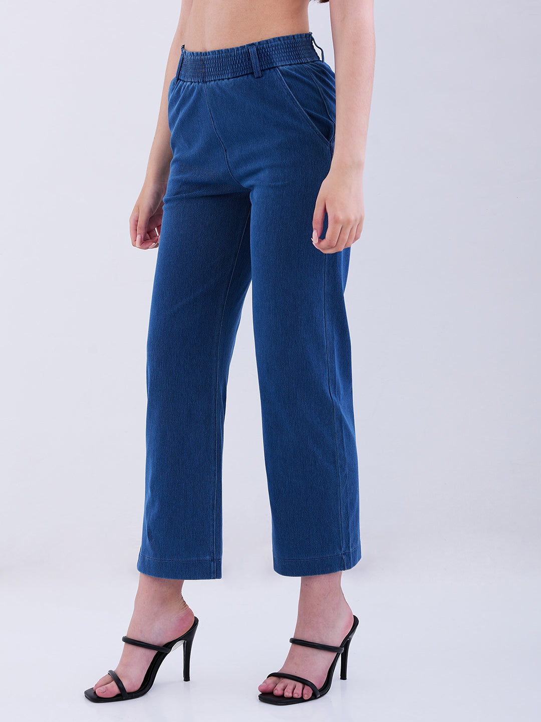 Spykar Mid Blue High Rise Straight Fit Casual Knit Track Pants For Women