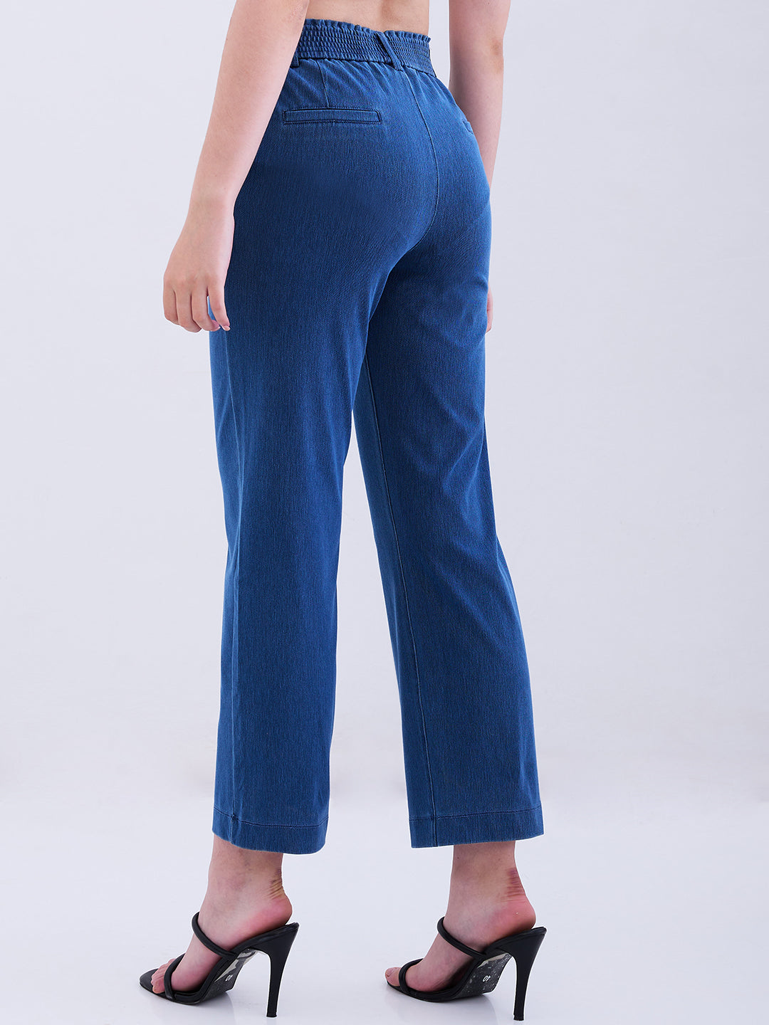 Spykar Mid Blue High Rise Straight Fit Casual Knit Track Pants For Women