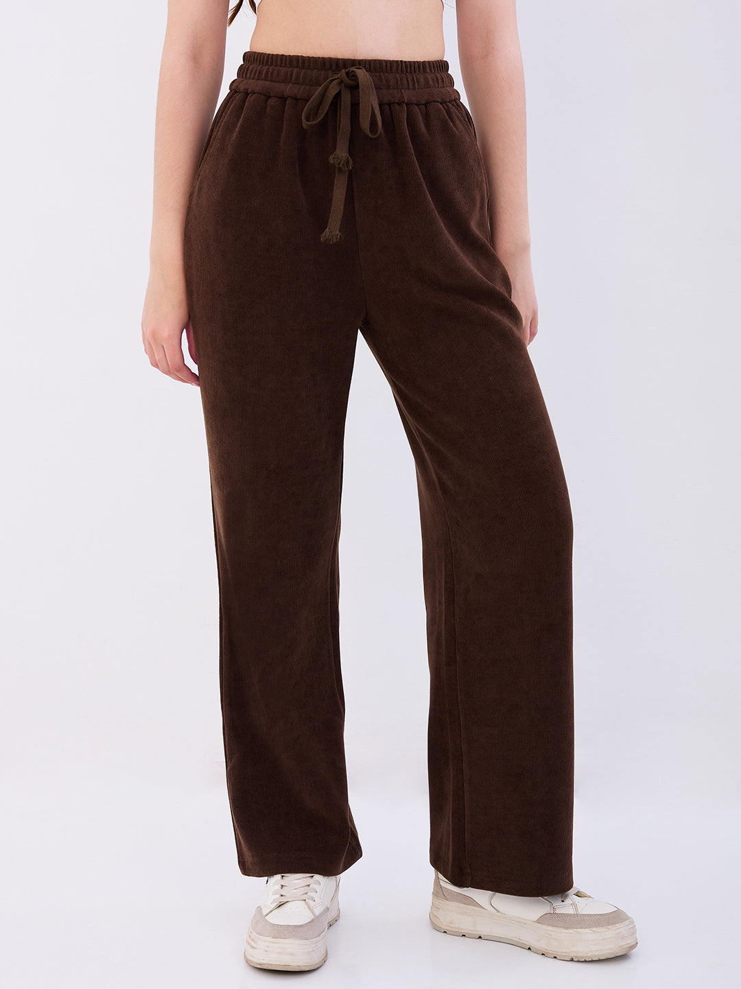 Spykar Brown High Rise Wide Leg Casual Knit Track Pants For Women