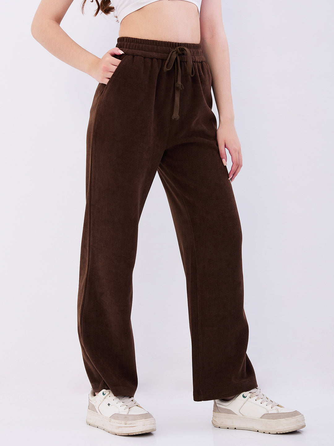 Spykar Brown High Rise Wide Leg Casual Knit Track Pants For Women