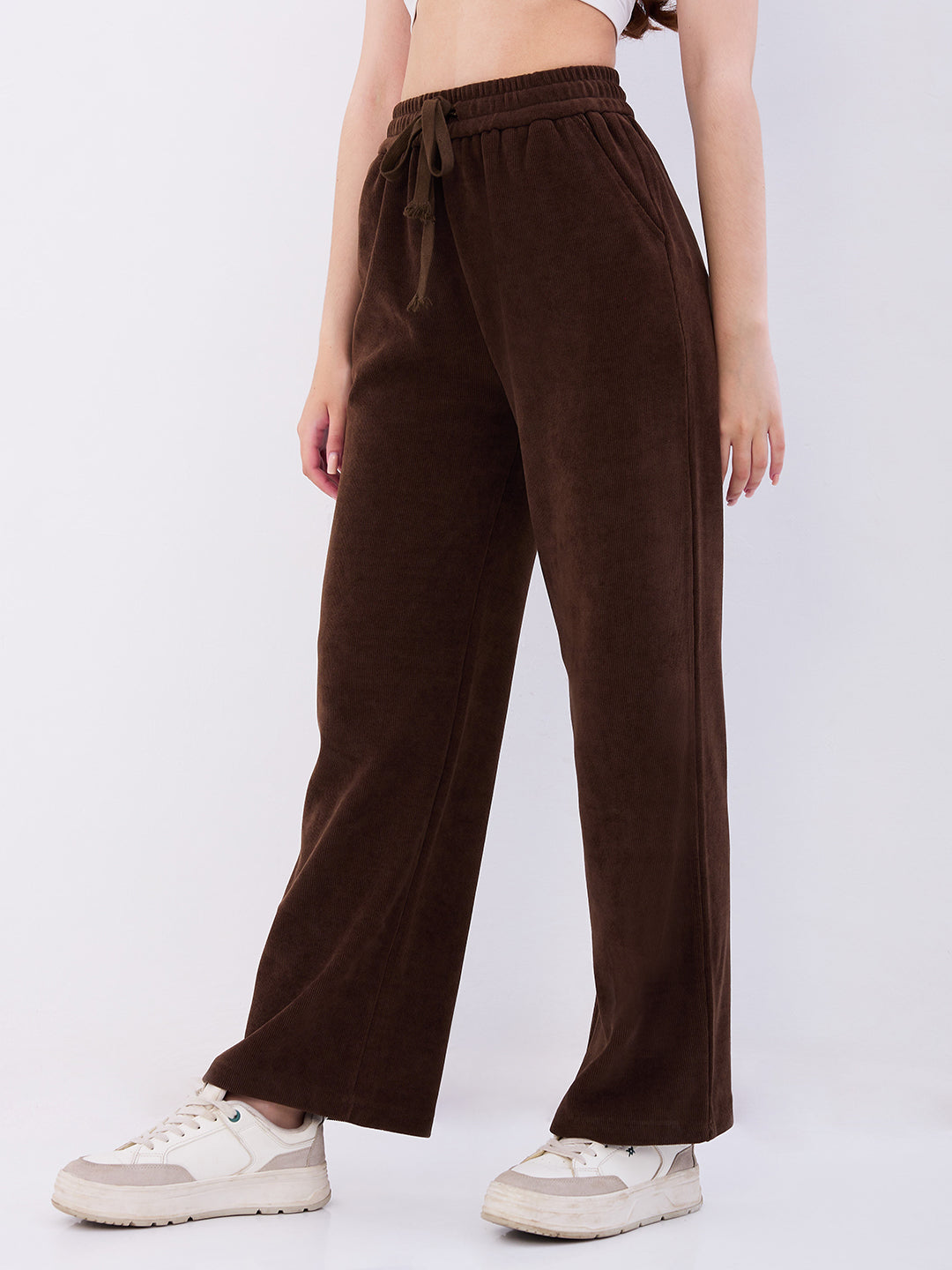 Spykar Brown High Rise Wide Leg Casual Knit Track Pants For Women
