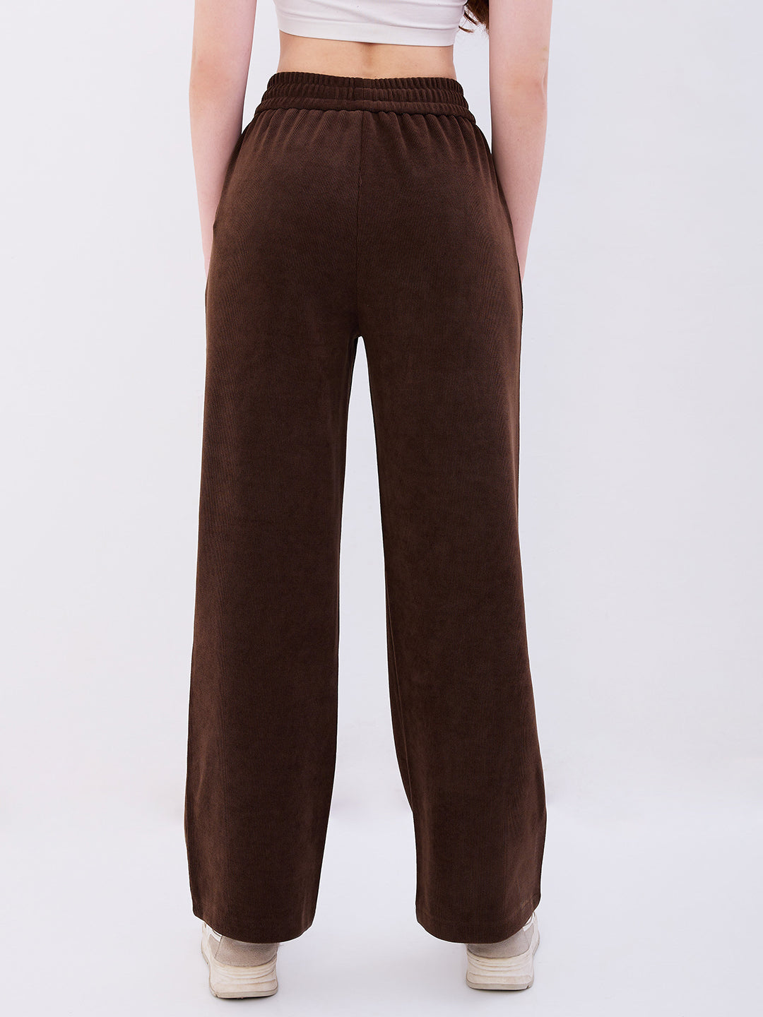 Spykar Brown High Rise Wide Leg Casual Knit Track Pants For Women