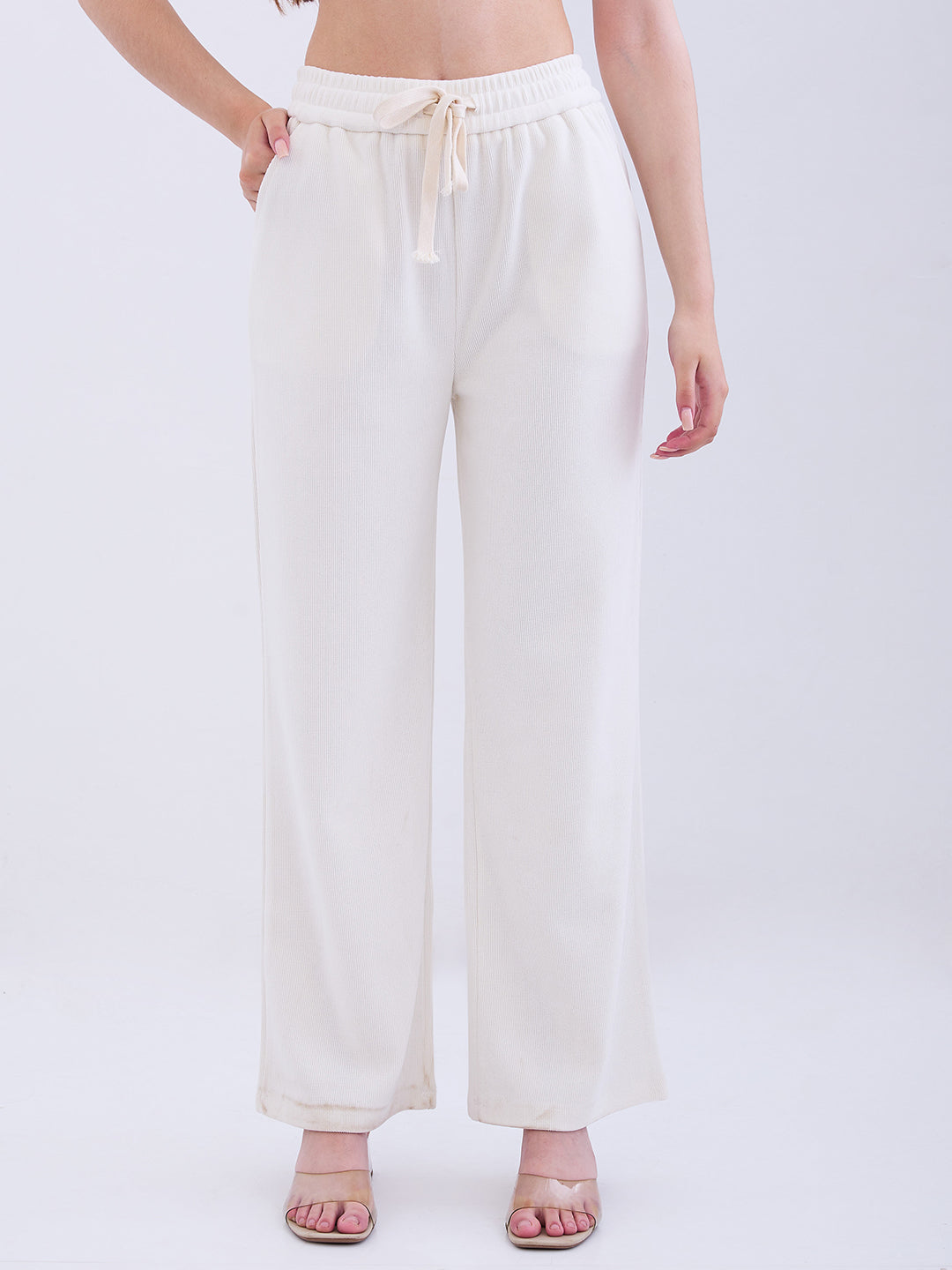 Spykar Cream White High Rise Wide Leg Casual Knit Track Pants For Women