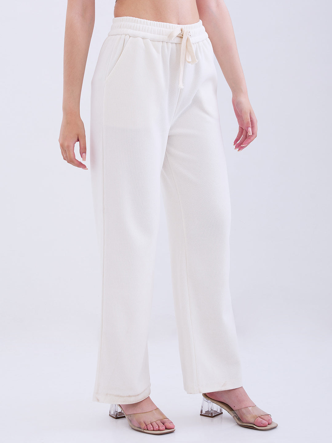 Spykar Cream White High Rise Wide Leg Casual Knit Track Pants For Women