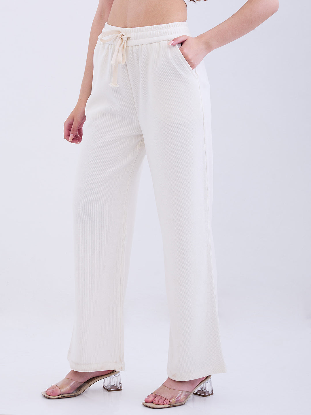 Spykar Cream White High Rise Wide Leg Casual Knit Track Pants For Women