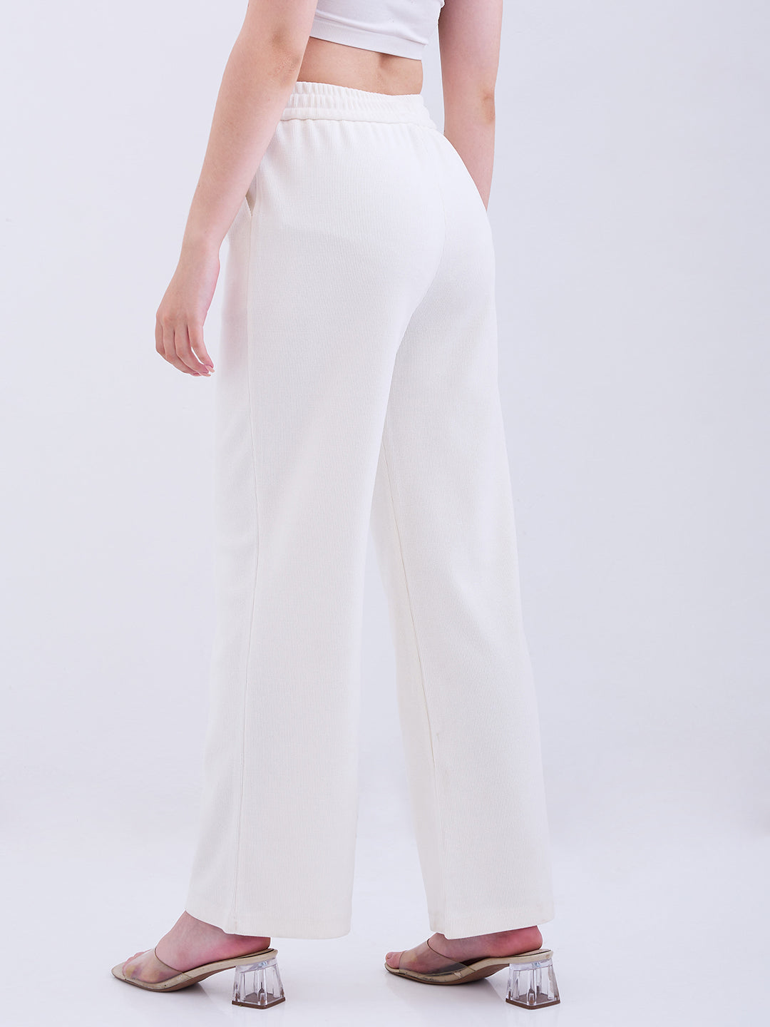 Spykar Cream White High Rise Wide Leg Casual Knit Track Pants For Women