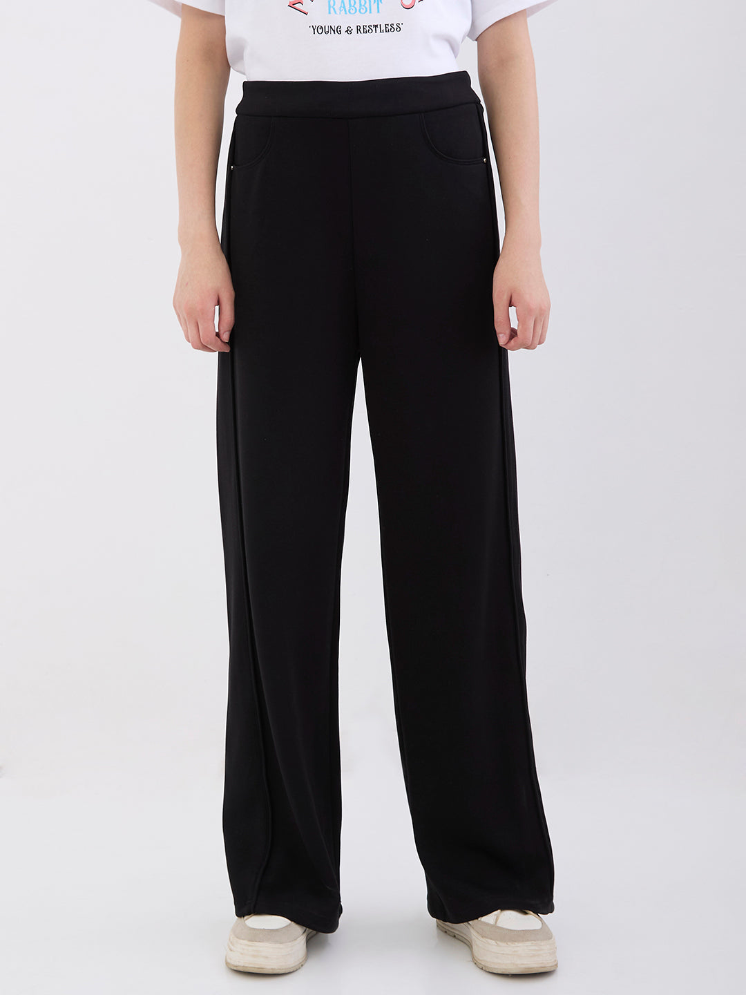 Spykar Black High Rise Wide Leg Casual Knit Track Pants For Women