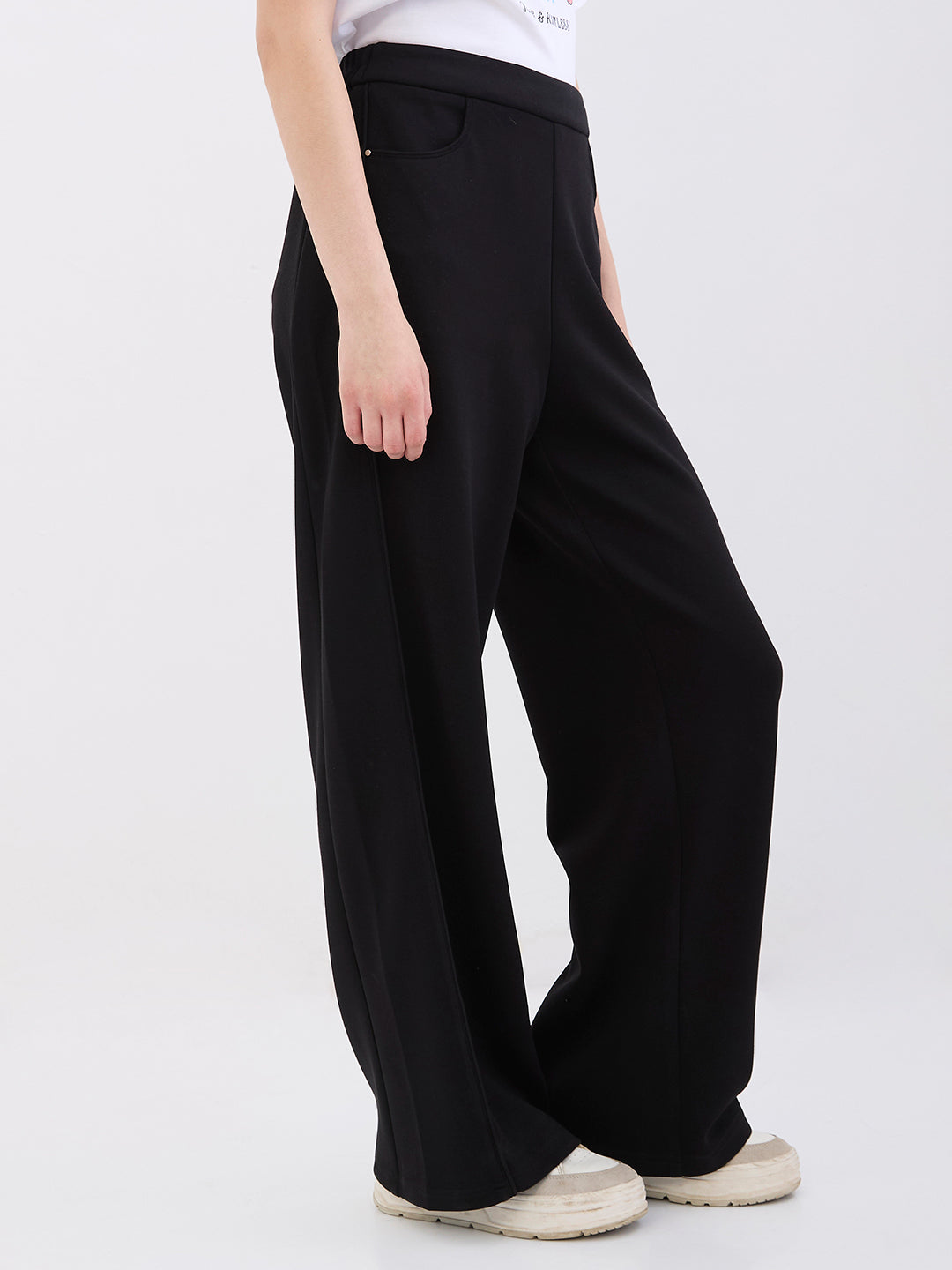 Spykar Black High Rise Wide Leg Casual Knit Track Pants For Women