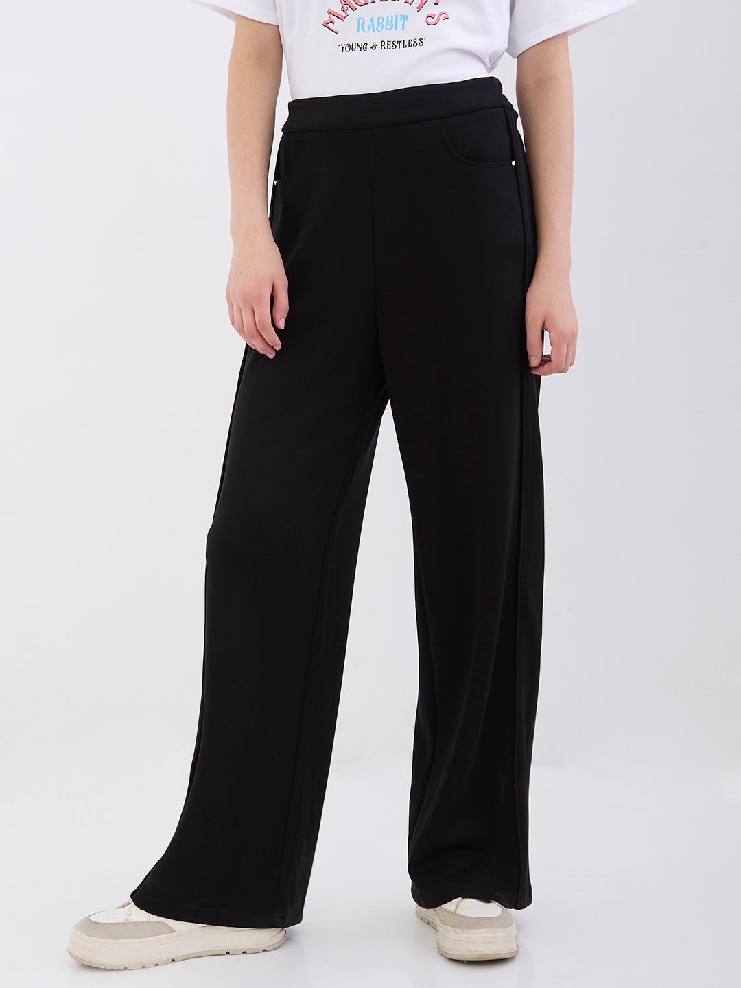 Spykar Black High Rise Wide Leg Casual Knit Track Pants For Women