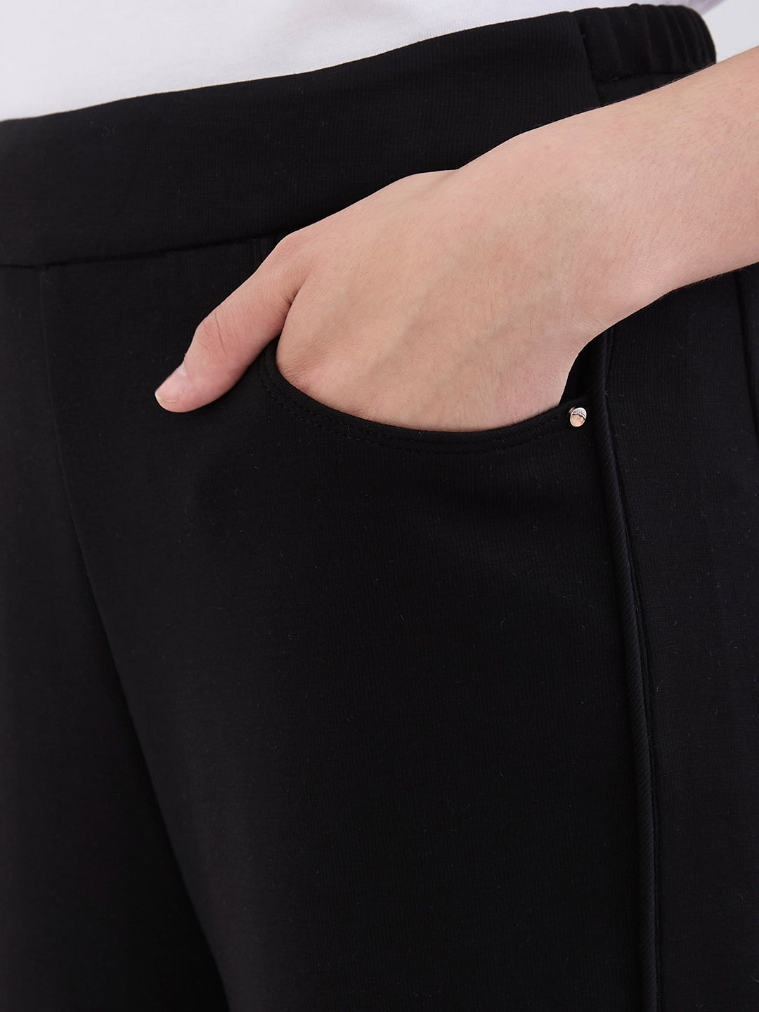 Spykar Black High Rise Wide Leg Casual Knit Track Pants For Women