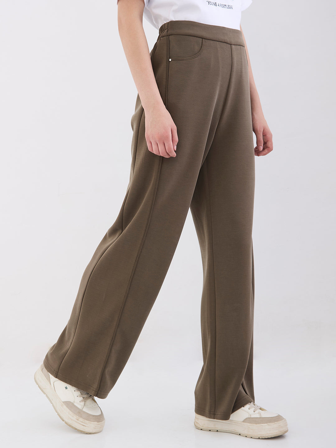 Spykar Olive Green High Rise Wide Leg Casual Knit Track Pants For Women