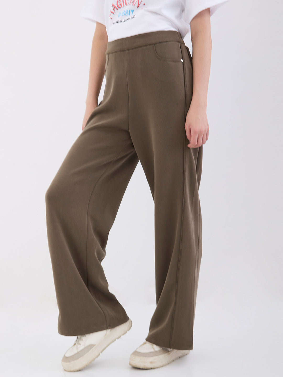 Spykar Olive Green High Rise Wide Leg Casual Knit Track Pants For Women