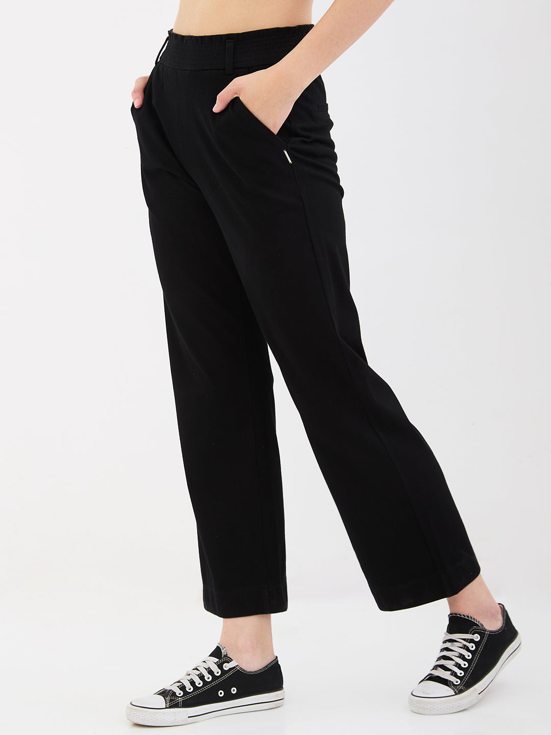 Spykar Black High Rise Straight Fit Casual Knit Track Pants For Women