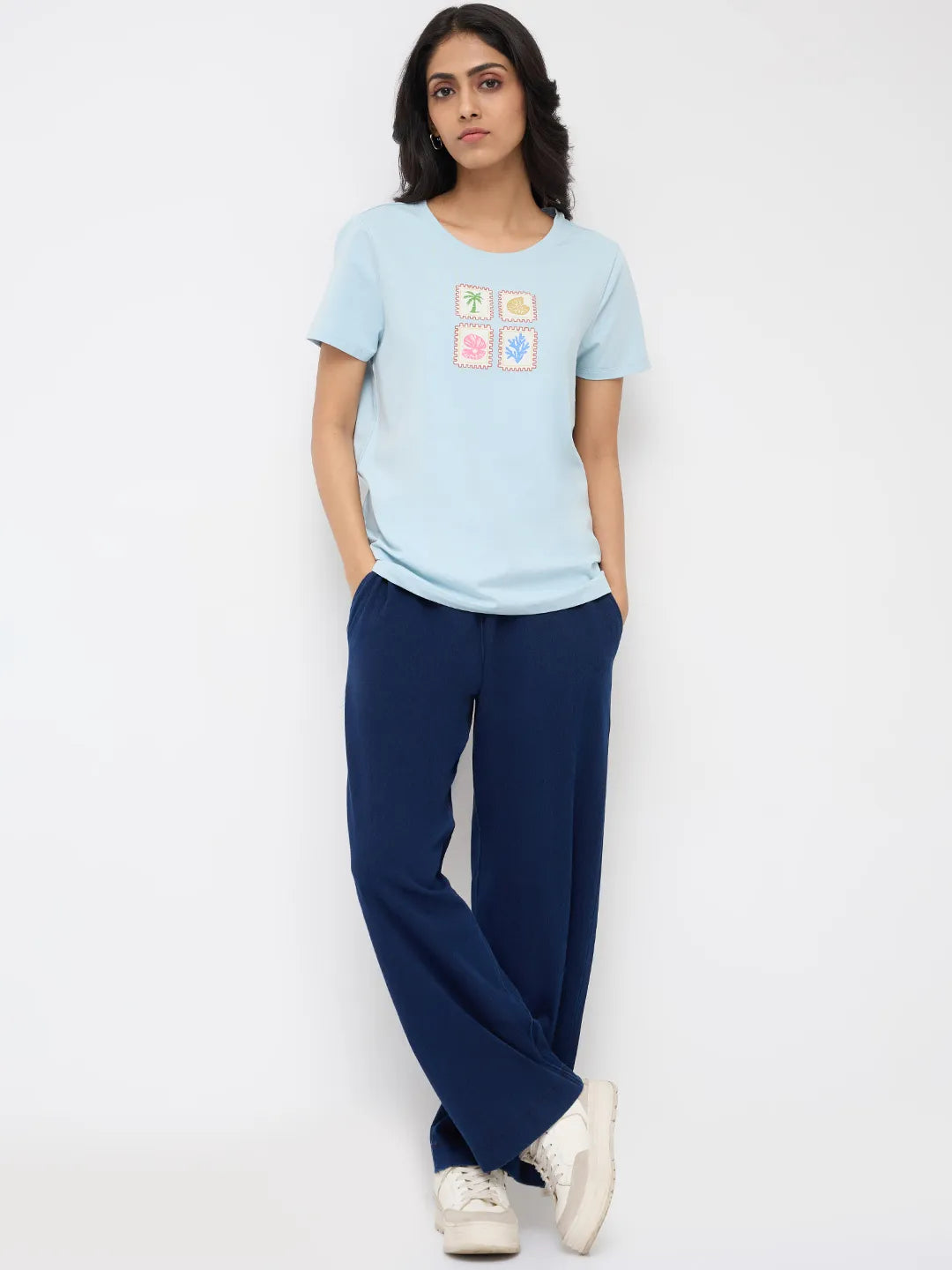 Women Trackpant Straight Fit Dark Blue High Rise