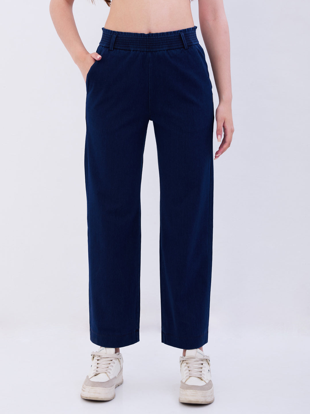 Spykar Dark Blue High Rise Straight Fit Casual Knit Track Pants For Women