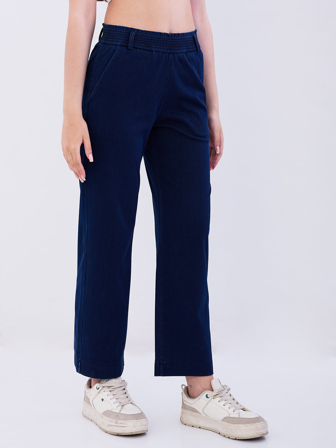 Spykar Dark Blue High Rise Straight Fit Casual Knit Track Pants For Women