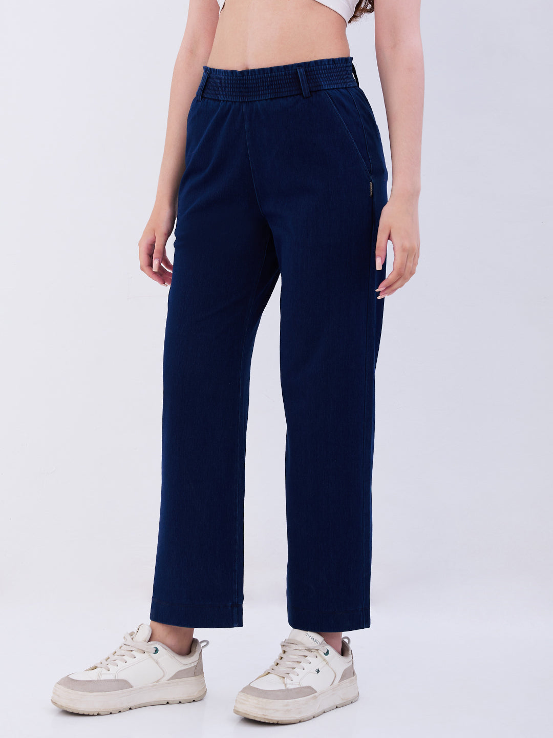 Spykar Dark Blue High Rise Straight Fit Casual Knit Track Pants For Women