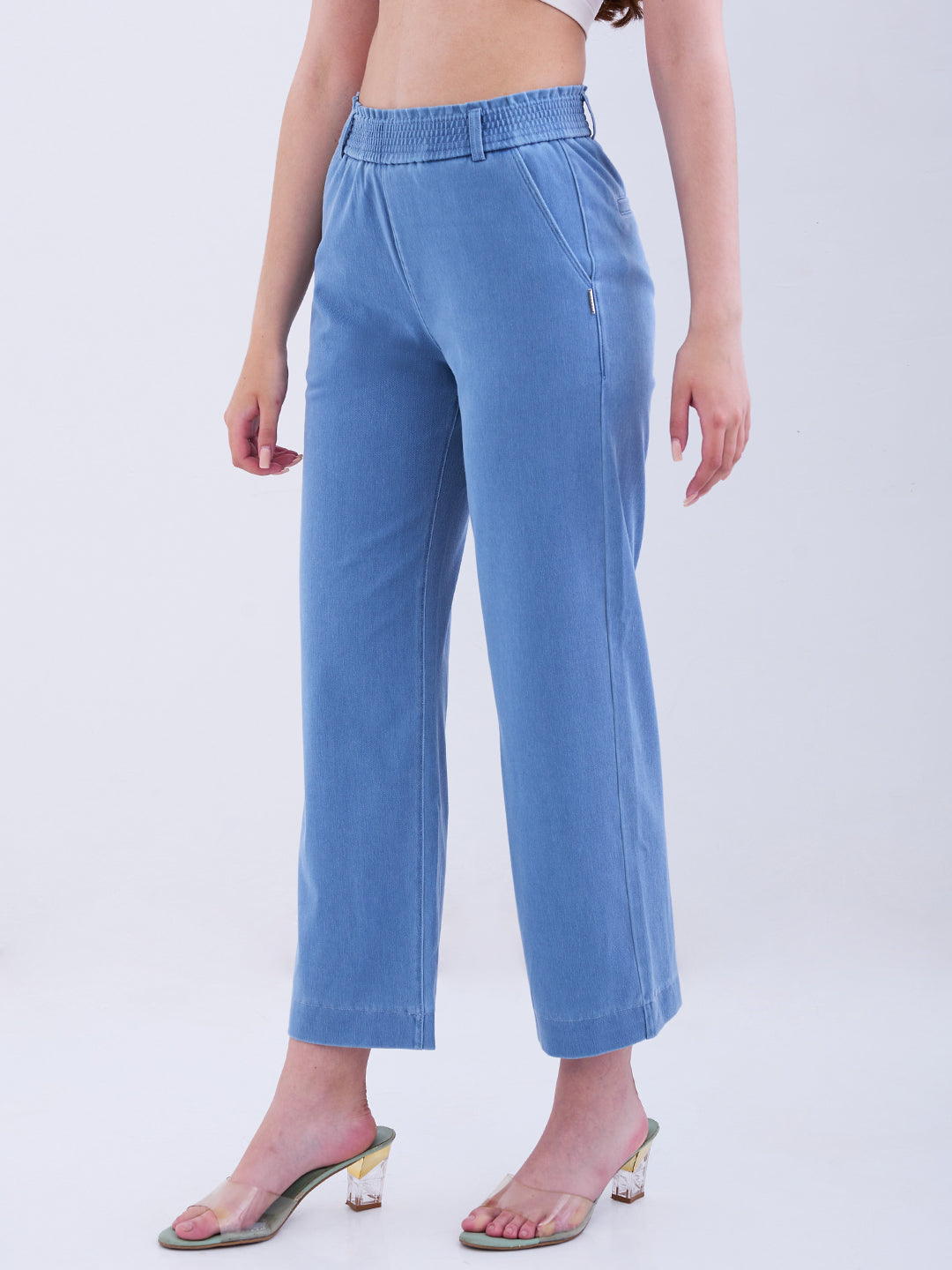 Spykar Ice Blue High Rise Straight Fit Casual Knit Track Pants For Women