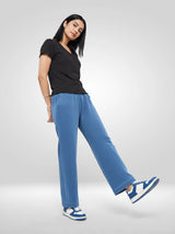 Women Trackpant Straight Fit Mid Blue High Rise
