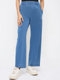 Women Trackpant Straight Fit Mid Blue High Rise