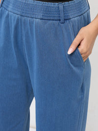 Women Trackpant Straight Fit Mid Blue High Rise