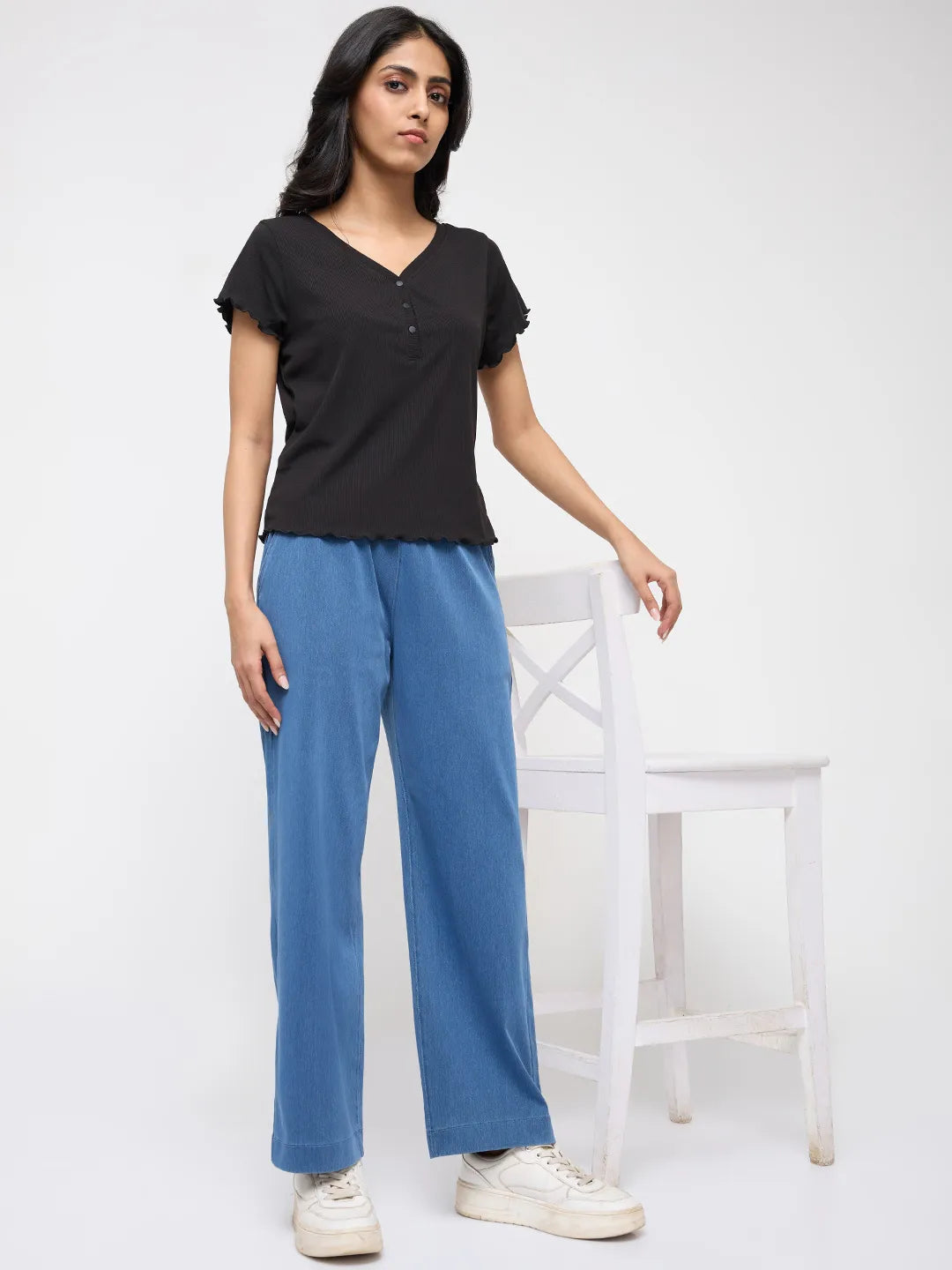Women Trackpant Straight Fit Mid Blue High Rise