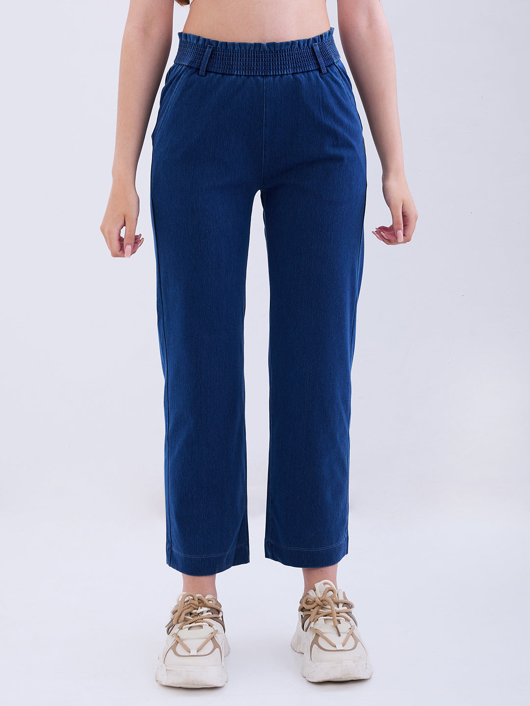 Spykar Mid Blue High Rise Straight Fit Casual Knit Track Pants For Women
