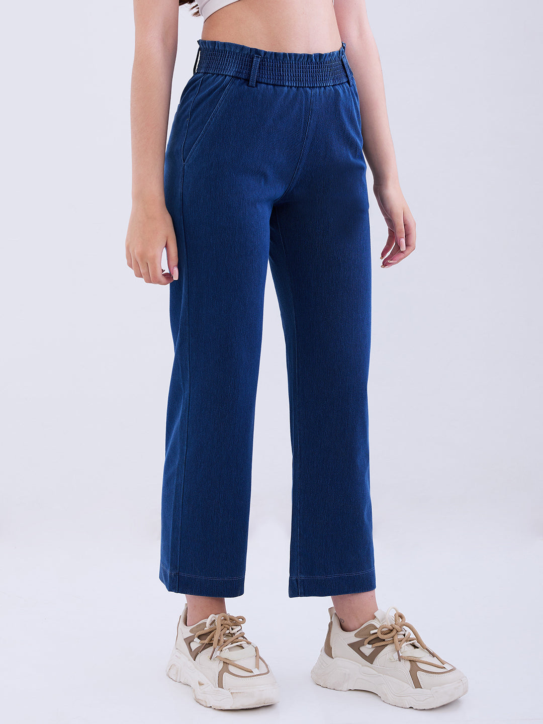 Spykar Mid Blue High Rise Straight Fit Casual Knit Track Pants For Women