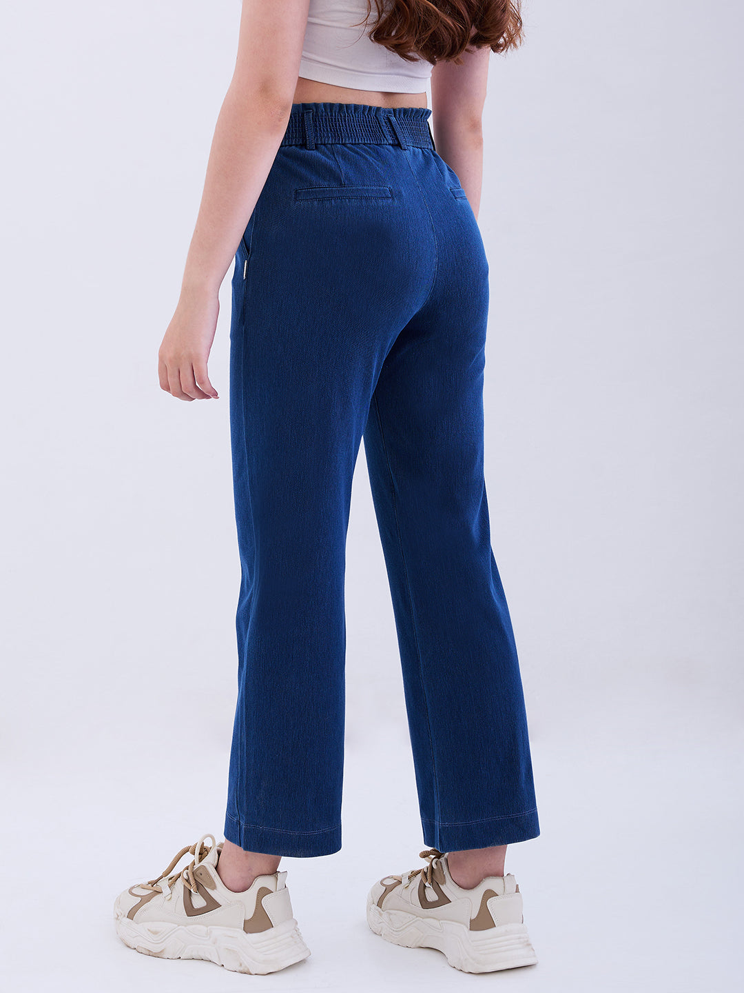 Spykar Mid Blue High Rise Straight Fit Casual Knit Track Pants For Women