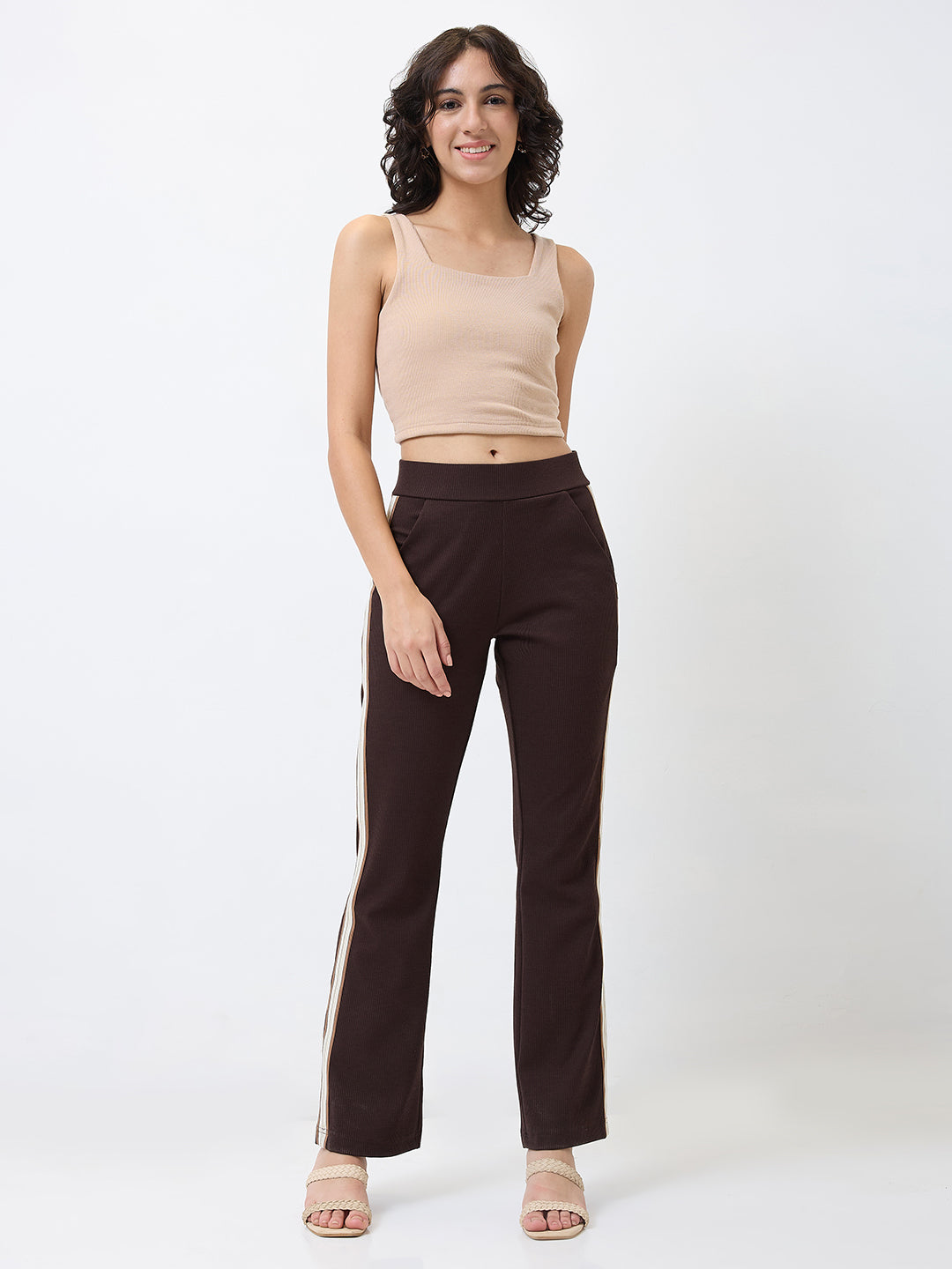 Spykar Straight Fit High Rise Brown Casual Track Pant For Women