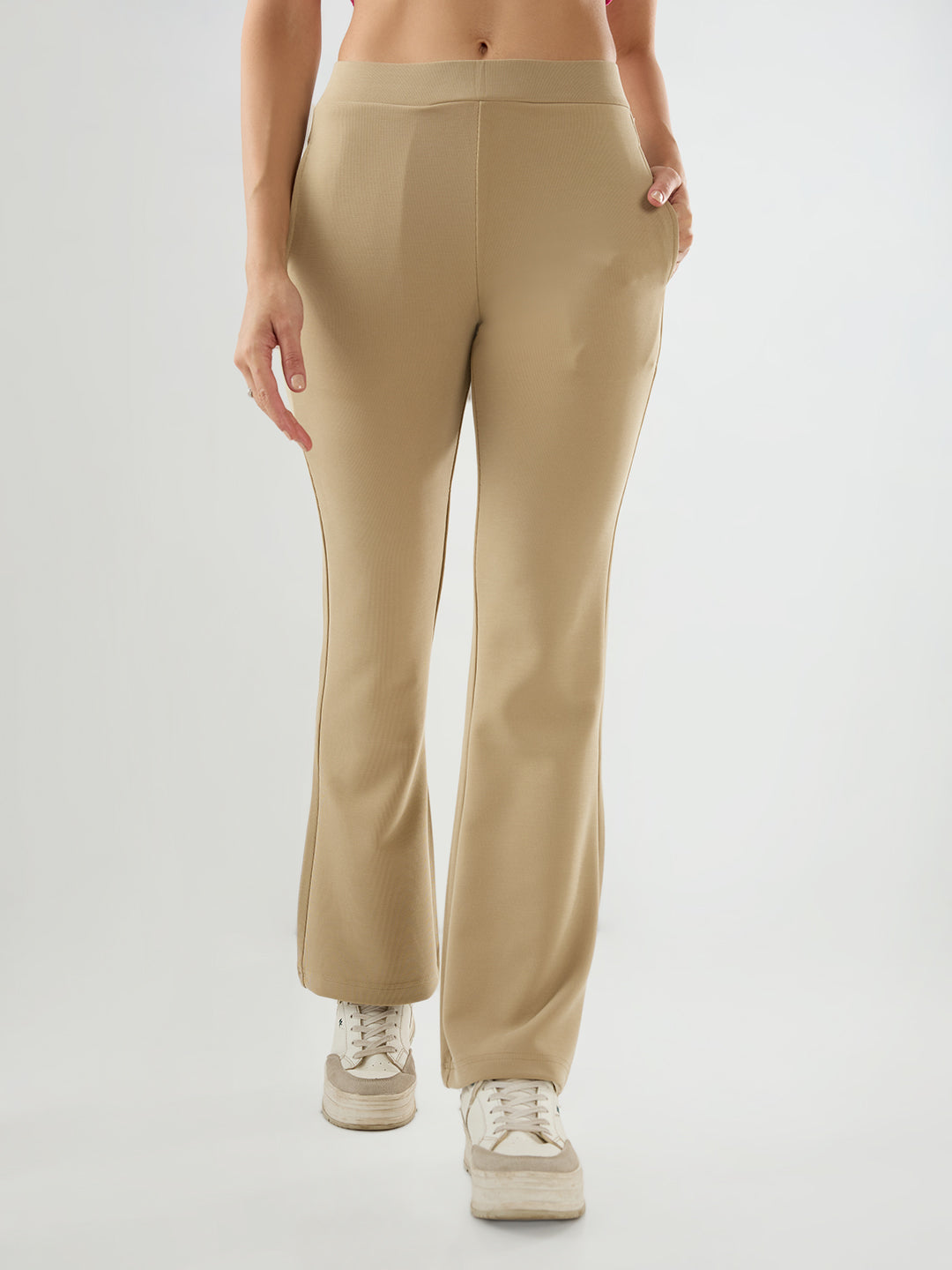 Women Trackpant Boot Cut Fit Beige Mid Rise