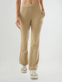 Women Trackpant Boot Cut Fit Beige Mid Rise