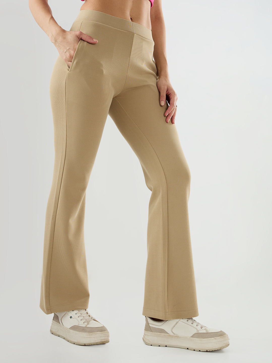 Women Trackpant Boot Cut Fit Beige Mid Rise