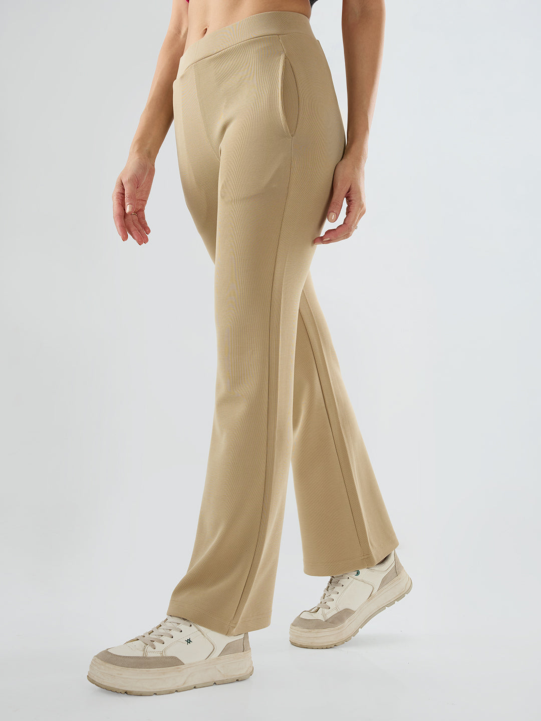 Women Trackpant Boot Cut Fit Beige Mid Rise
