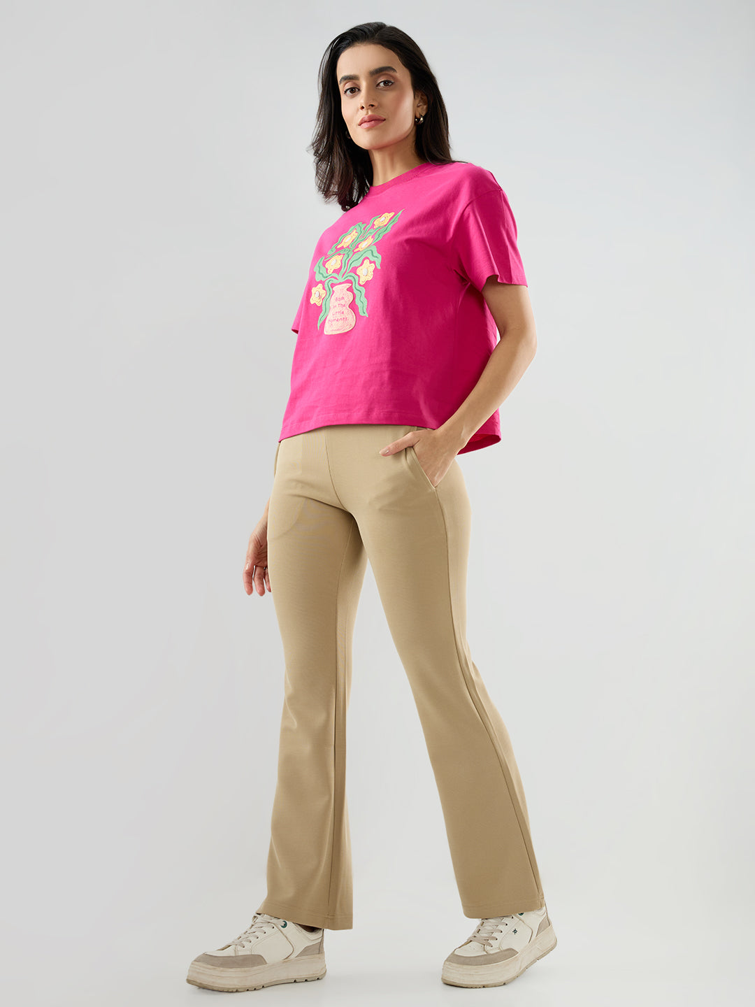 Women Trackpant Boot Cut Fit Beige Mid Rise