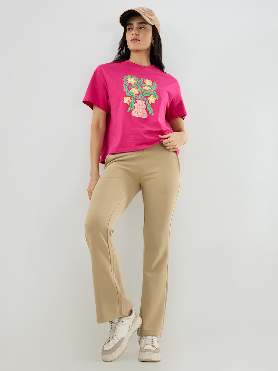 Women Trackpant Boot Cut Fit Beige Mid Rise