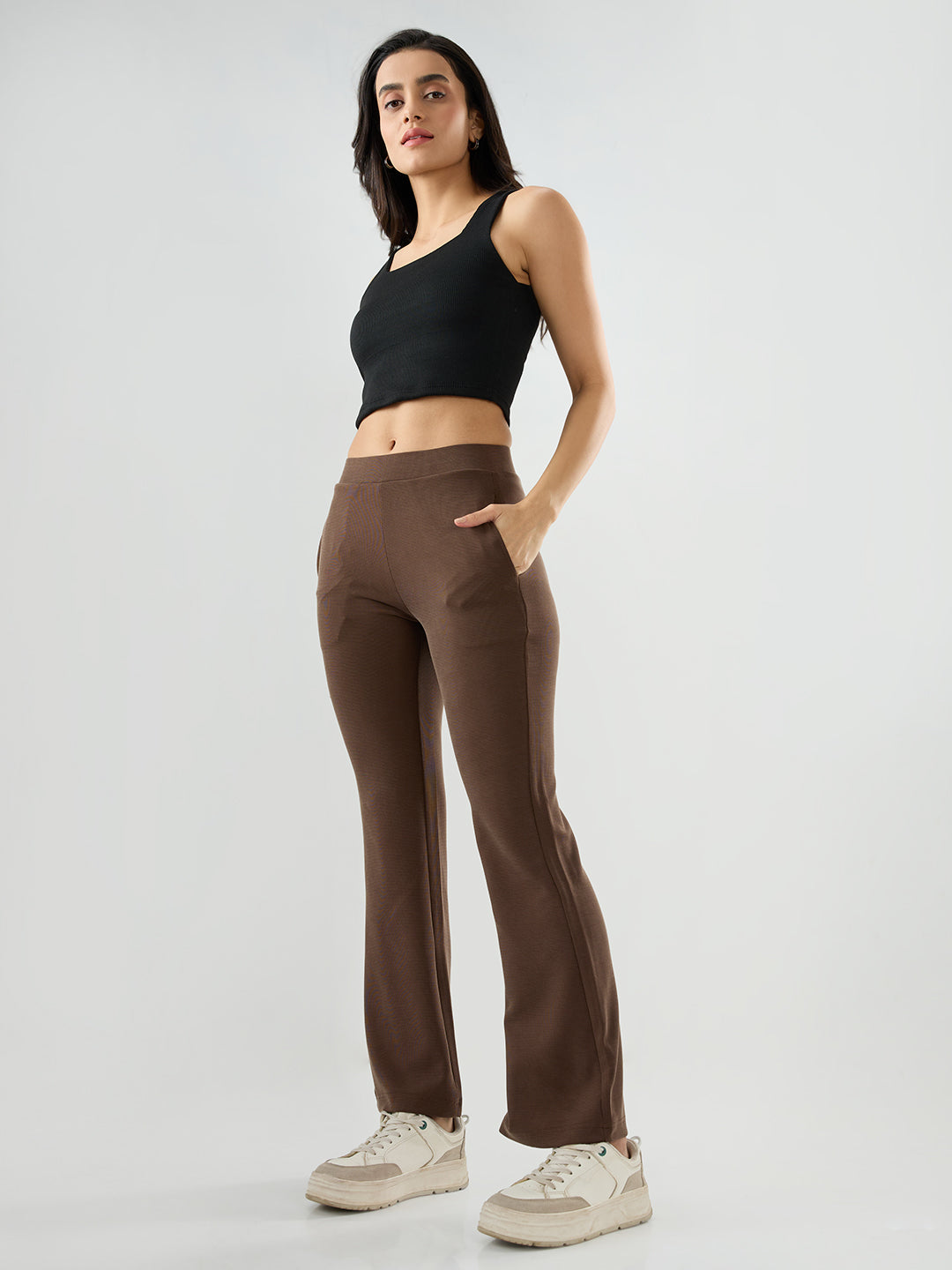 Women Trackpant Boot Cut Fit Brown Mid Rise