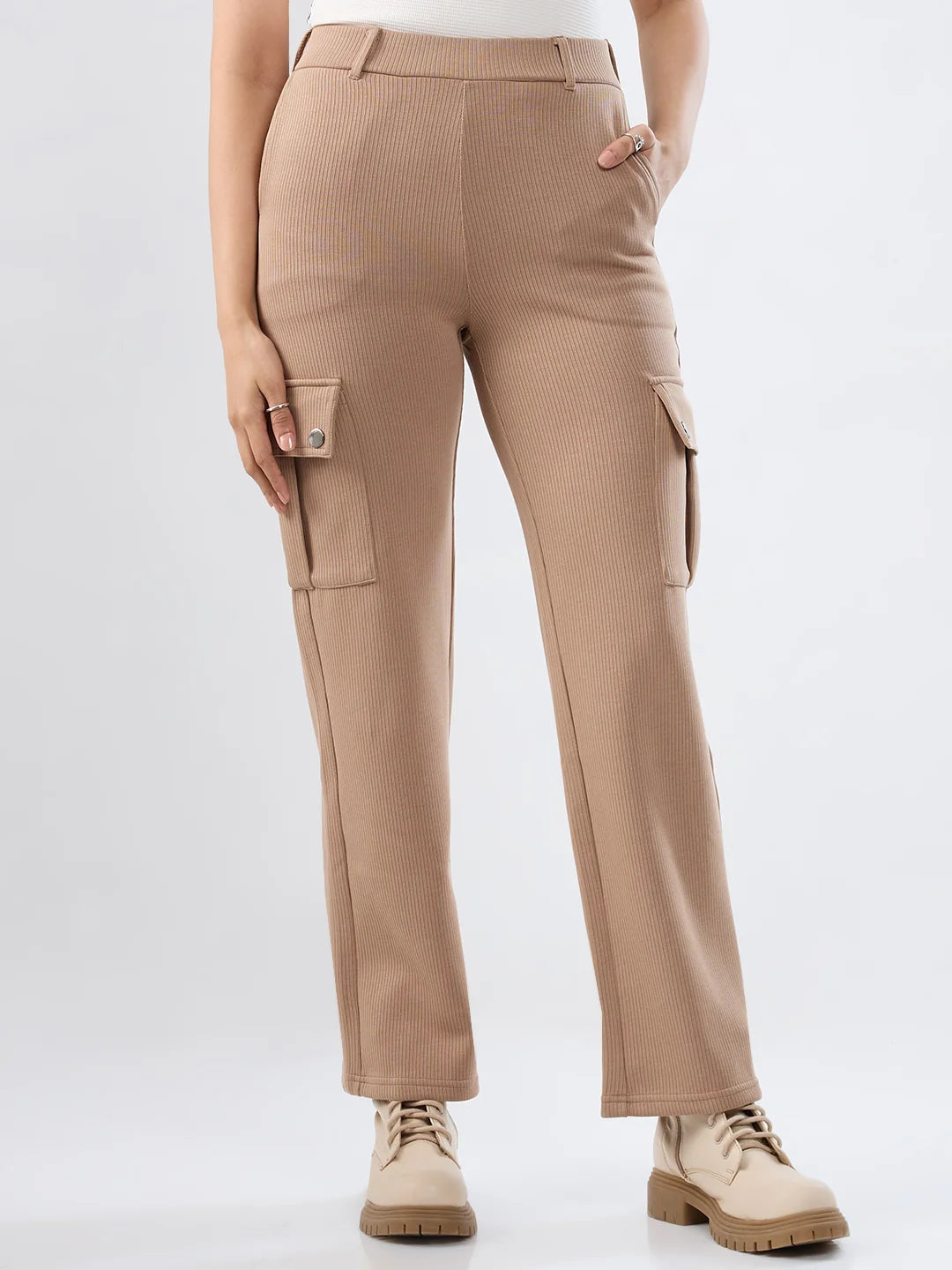 Women Trackpant Khaki Straight Fit Mid Rise