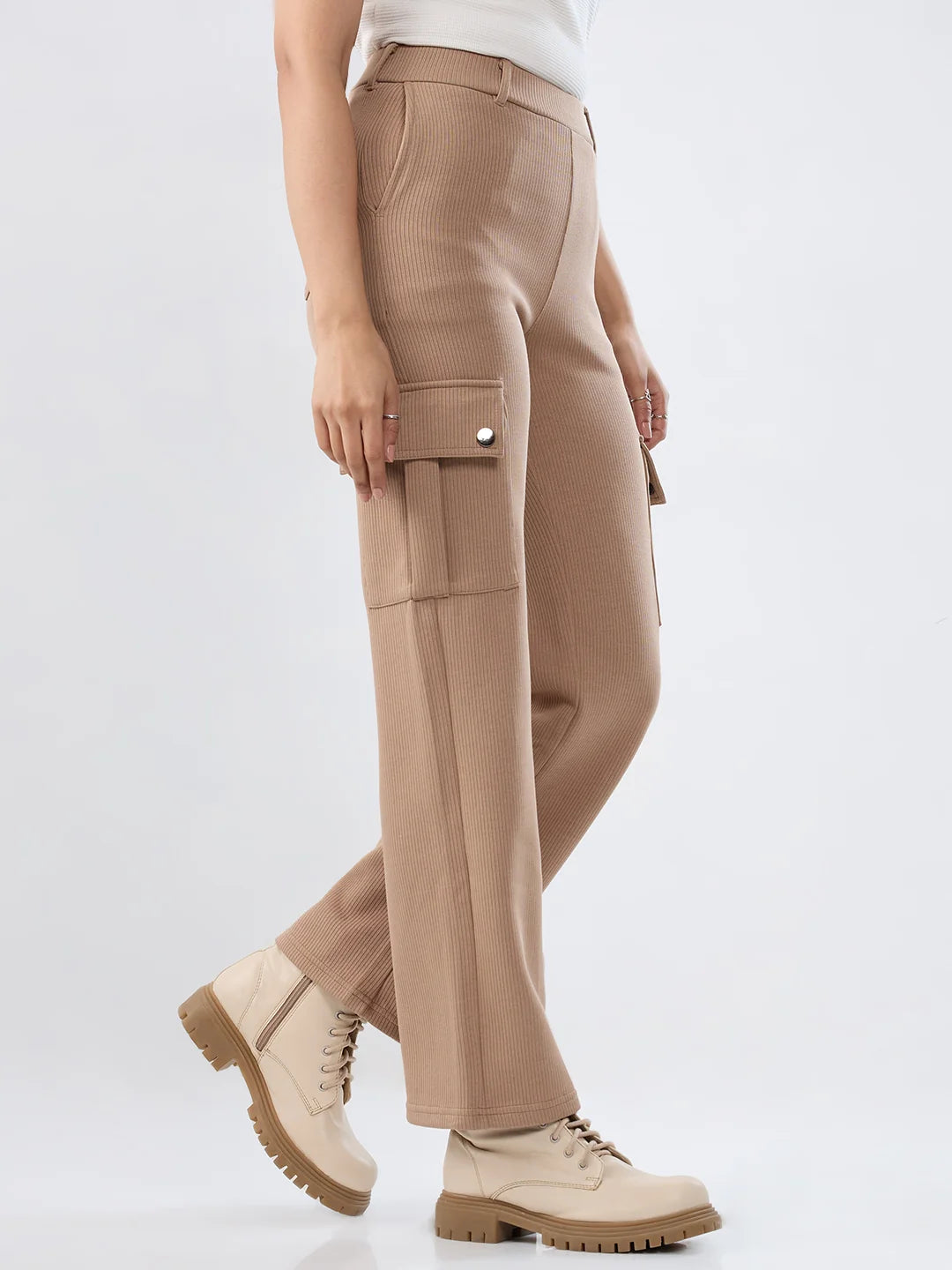 Women Trackpant Khaki Straight Fit Mid Rise