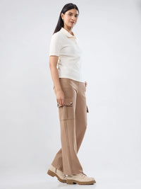 Women Trackpant Khaki Straight Fit Mid Rise