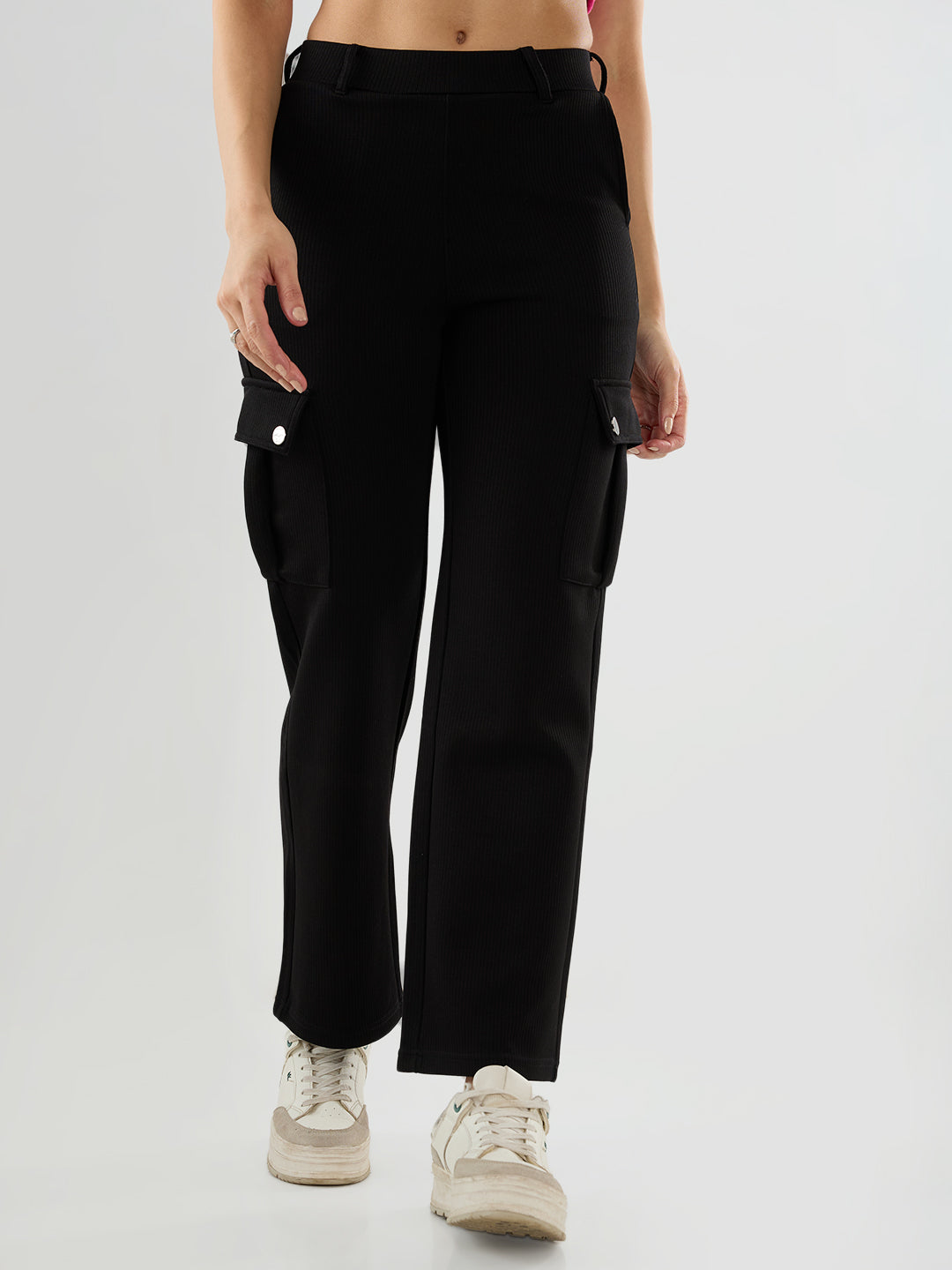 Women Trackpant Straight Fit Black Mid Rise