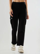 Women Trackpant Straight Fit Black Mid Rise