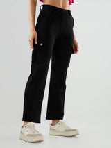 Women Trackpant Straight Fit Black Mid Rise